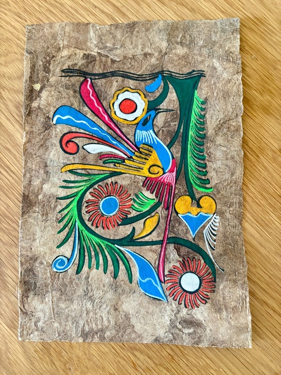 Handmade Other - Colorful Floral Bird Handpainted Mexican Folk Art on Bark - Multicolor